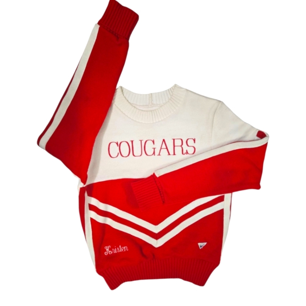 Vintage Varsity Cheerleader Sweater Red White Chevron Stripe Cougars Size S 80s